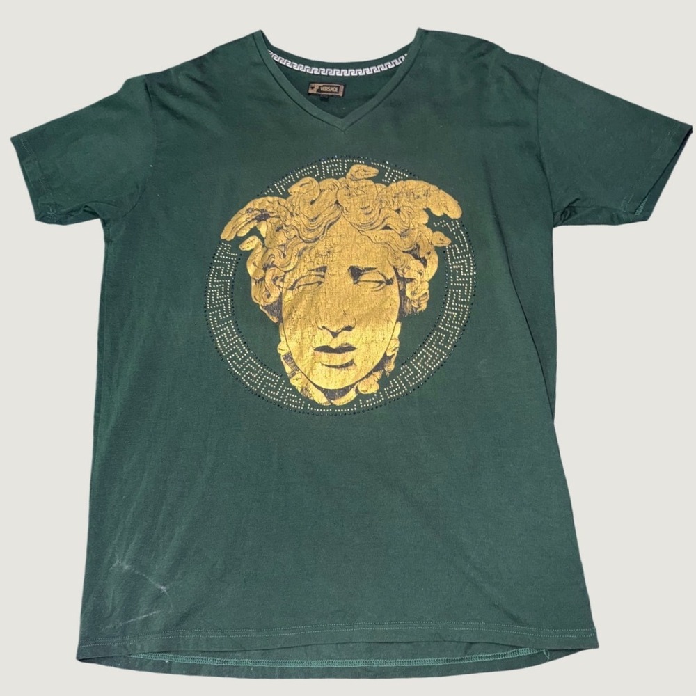 Versace Mens Green Gold Medusa Head V-Neck T-Shirt XXL Made in Italy Rhinestone